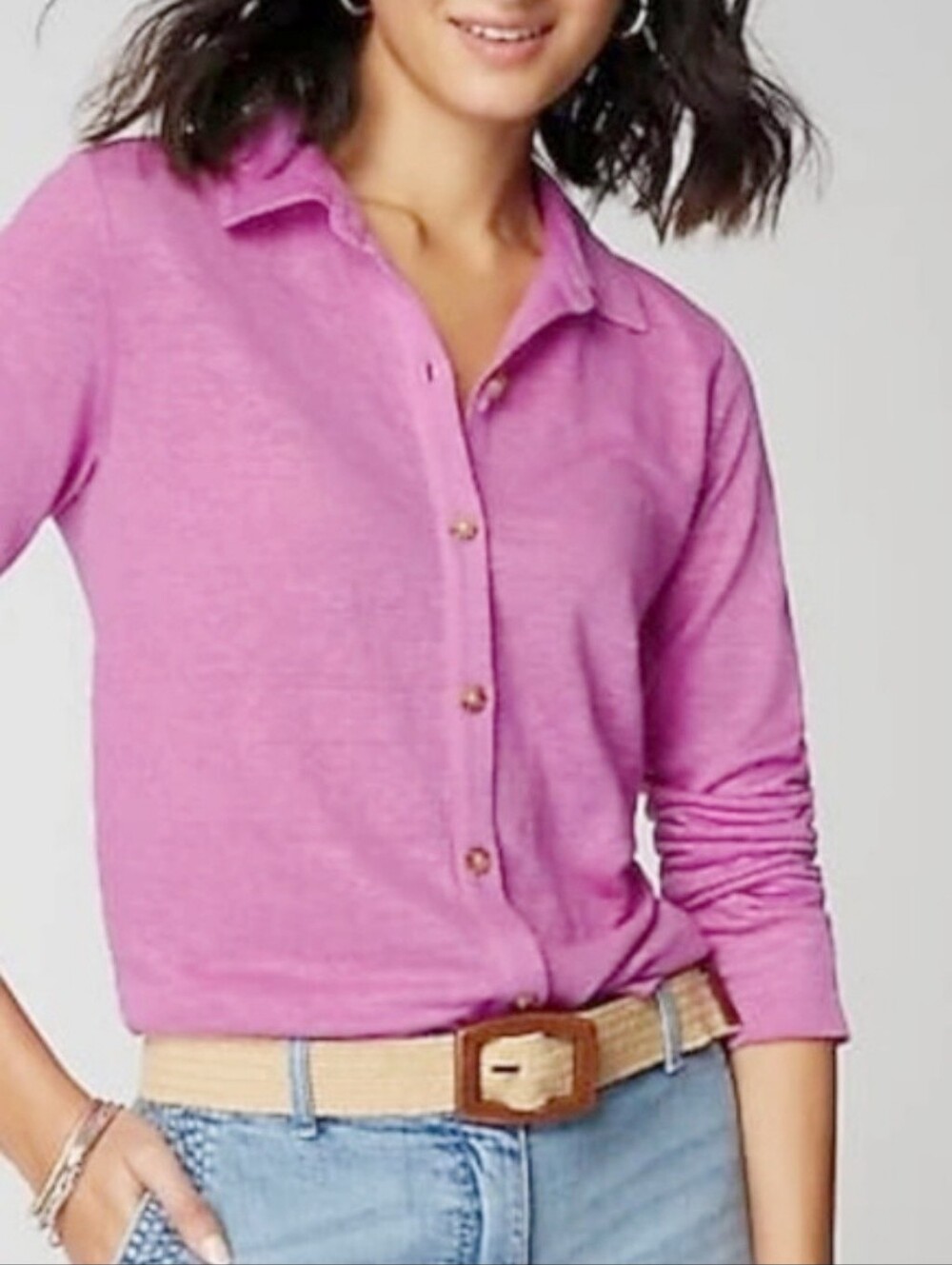 J.JILL Love Linen Button Down Shirt Wild Orchid Pink Knit Oversized Jill XL